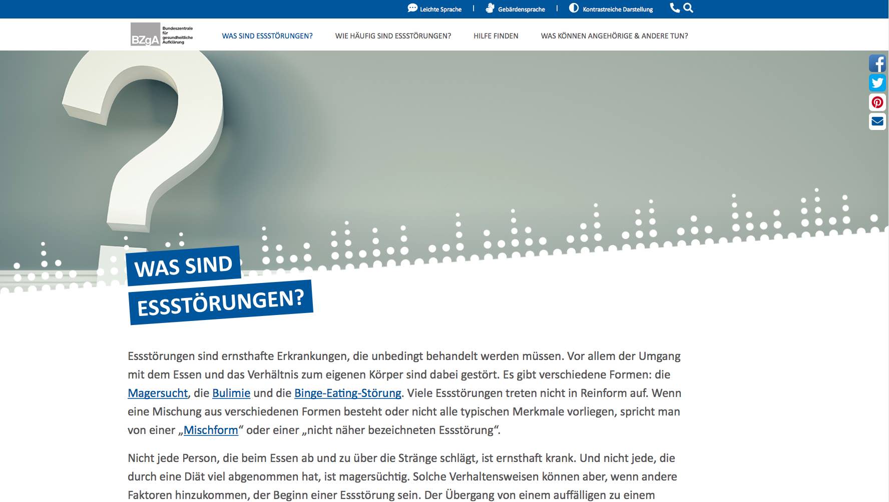Abbildung der Internetseite www.bzga-essstoerungen.de