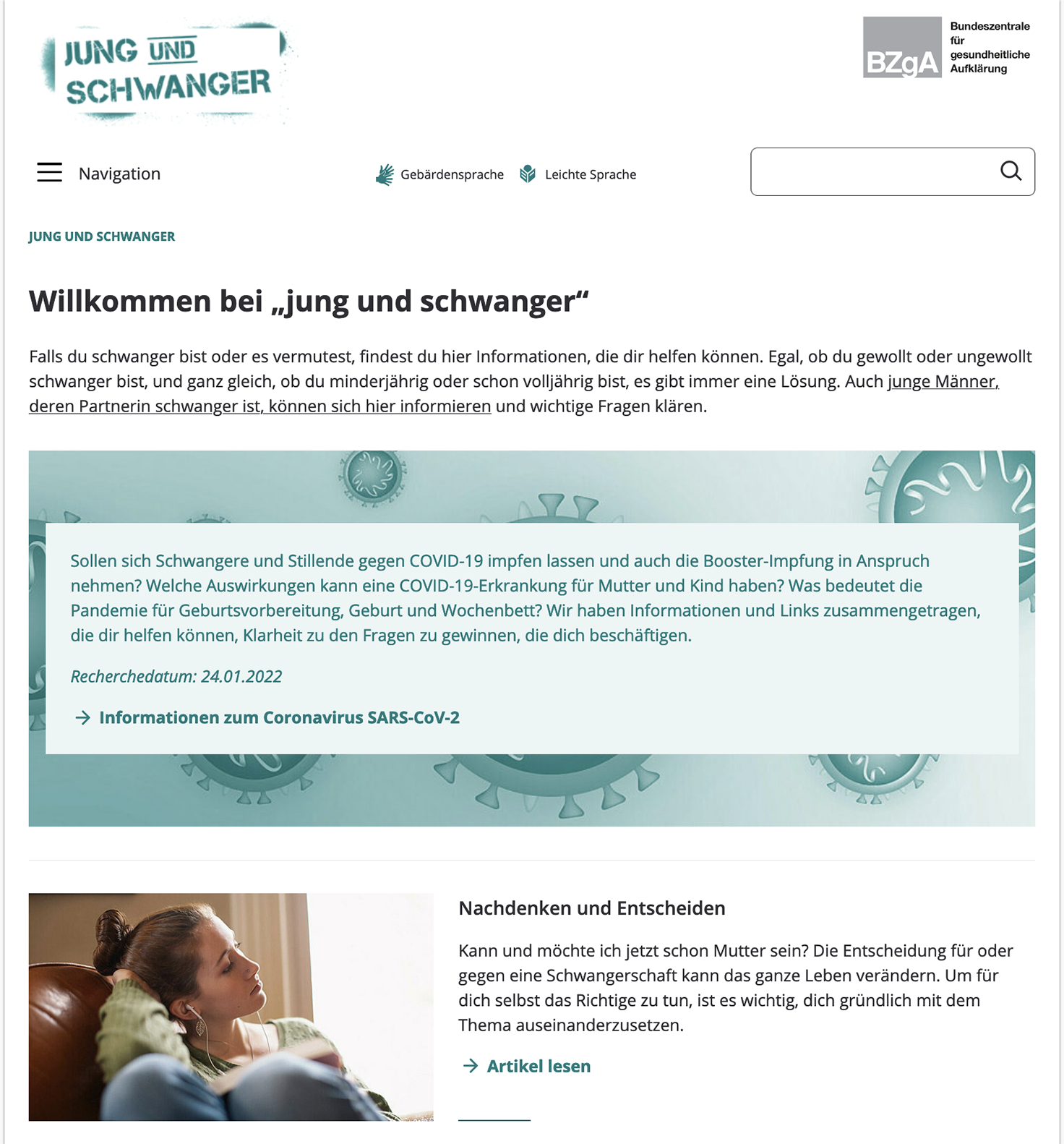 Screenshot der Seite www.jung-und-schwanger.de